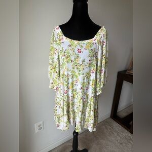 Cactus & Pearl Floral White Dress with Green, Yellow, and Red Accents